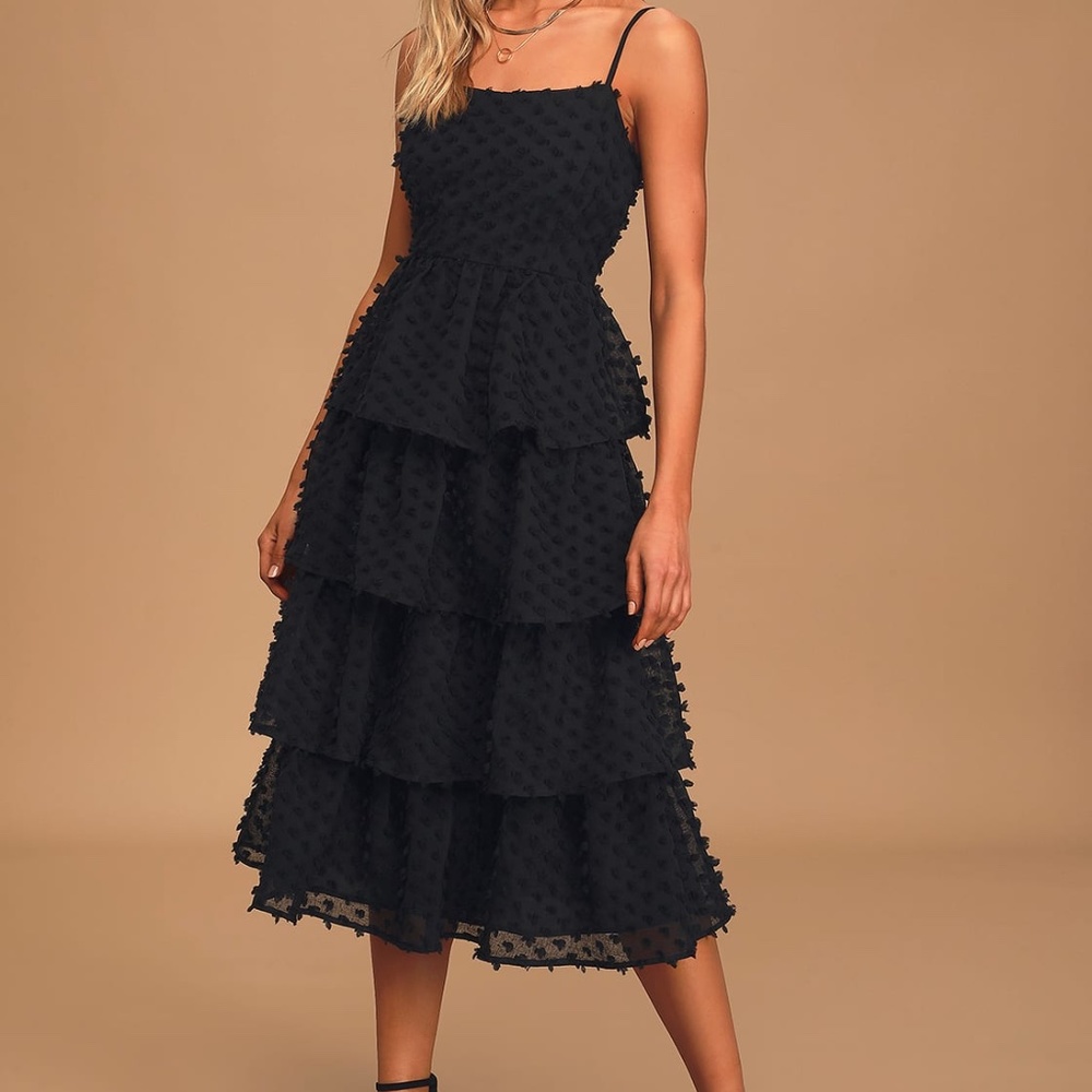 Flirting with You Black Tiered Pom Pom Midi Dress - Picture 1 of 2